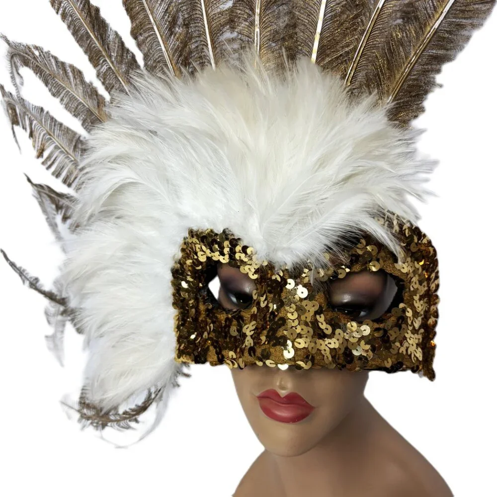 Showgirl Carnival Feather Gold White Mask Headdress Deluxe Vintage